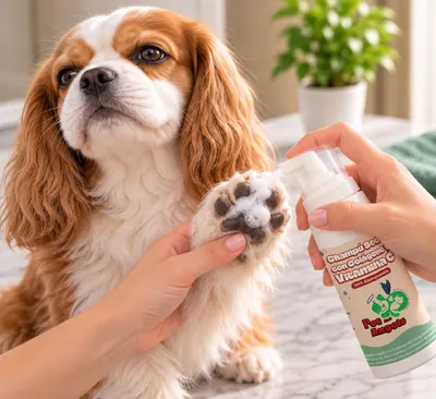 Se aplica espuma de champú seco en la pata del perro