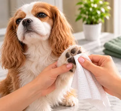 Una toalla blanca limpia la almohadilla de un perro de pelo largo café y blanco