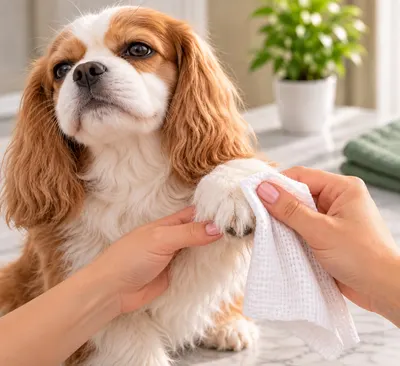 Una toalla blanca retira el champú de la pata del perro