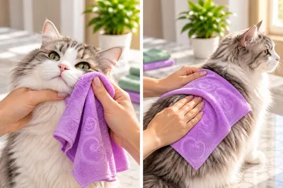 Dos escenas: una toalla morada de microfibra seca la cara y el lomo del gato