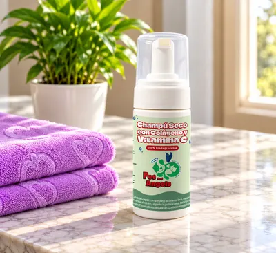 Champú seco para gatos sobre un mesón, junto a toallas moradas de microfibra