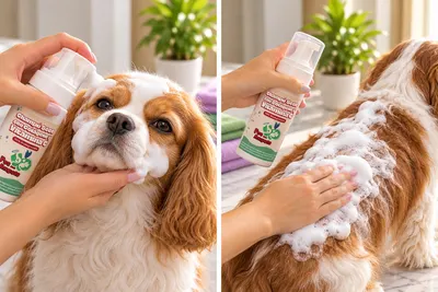 Dos escenas: se aplica la espuma del champú seco en el pelaje del perro y luego se esparce por su lomo