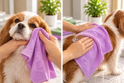 Dos escenas: una toalla morada de microfibra seca la cara y el lomo del perro