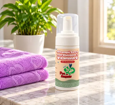 Champú seco para perros sobre un mesón, junto a toallas moradas de microfibra