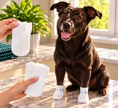 Perro negro sentado con calcetines desechables blancos en las patas delanteras, junto a una mano que muestra otros sin usar