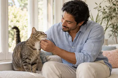 Un hombre sonriente acaricia bajo el mentón a un gato atigrado que cierra los ojos, junto a una ventana luminosa