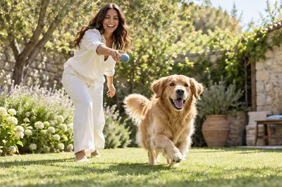 Una mujer sonriente lanza una pelota a un golden retriever que corre feliz por el pasto de un jardín con flores