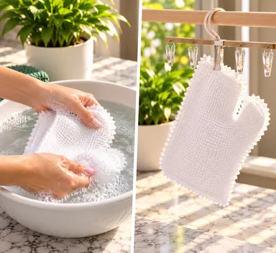 Dos escenas: el guante de microfibra se lava a mano en un bol con agua y luego se cuelga a secar