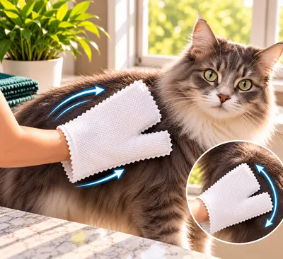 Una mano con guante blanco de microfibra esparce la loción por el lomo de un gato gris atigrado, con un detalle del guante en un círculo