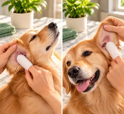Dos escenas: un dedal de gasa limpia la parte externa de la oreja de un perro dorado