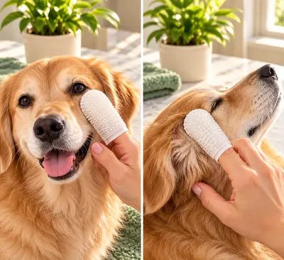 Dos escenas: limpieza del pelaje alrededor de los ojos de un perro dorado con un dedal de gasa