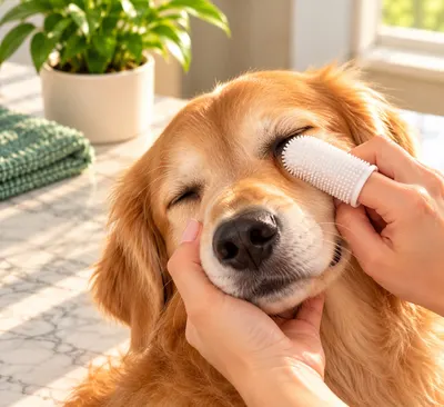 Un dedal de gasa limpia con suavidad el contorno del ojo de un perro dorado