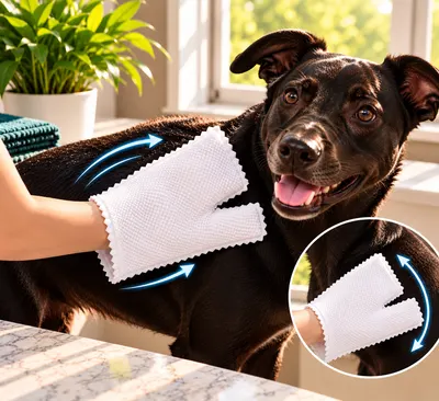 Una mano con guante blanco de microfibra esparce la loción por el lomo de un perro negro, con un detalle del guante en un círculo