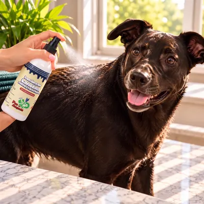 Se rocía la loción con lanolina sobre el lomo de un perro negro