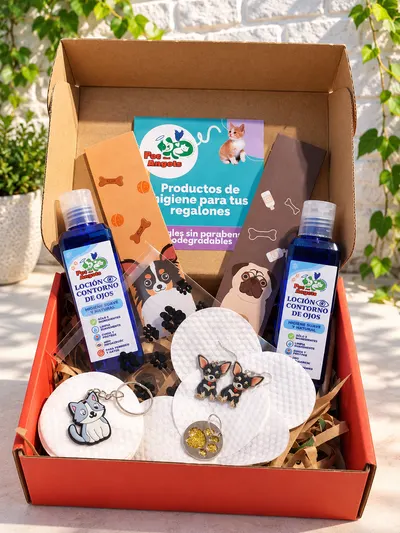 Caja roja abierta con dos frascos azules de la loción de limpieza del contorno de ojos, discos de limpieza blancos, una bolsa con huellas, una chapita, aros de perrito, un llavero de gatito y dos separadores de libro con perritos