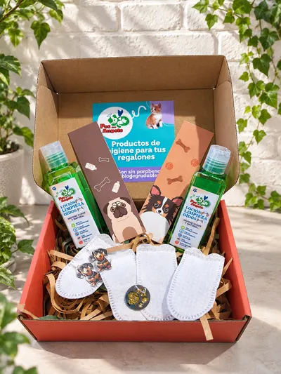 Caja roja abierta con dos frascos verdes de la loción de limpieza externa de oídos, dedos de limpieza blancos, una chapita, aros de perrito y dos separadores de libro con perritos