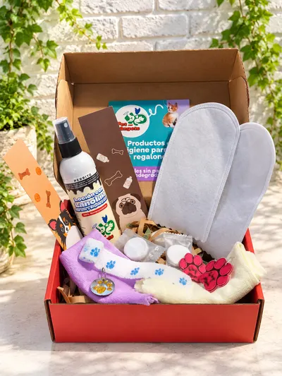 Caja roja abierta con la loción con lanolina para perros, calcetines desechables blancos, una cinta blanca con huellas azules, toallas comprimidas, una chapita, aros con forma de huella y dos separadores de libro con perritos