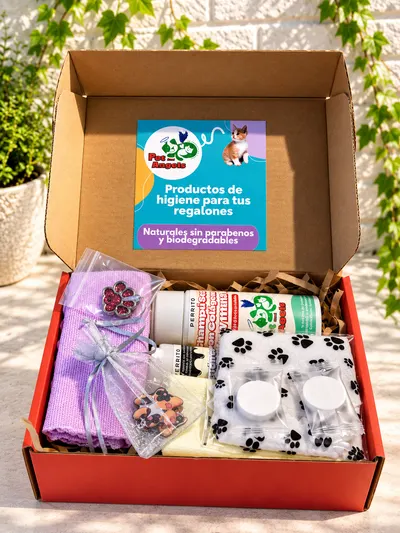 Versión para mamá del pack para perros: caja roja con los envases, toallas de microfibra, toallas comprimidas, guantes en una bolsa con huellas, una chapita con una huella y aros con forma de huella en una bolsita de organza