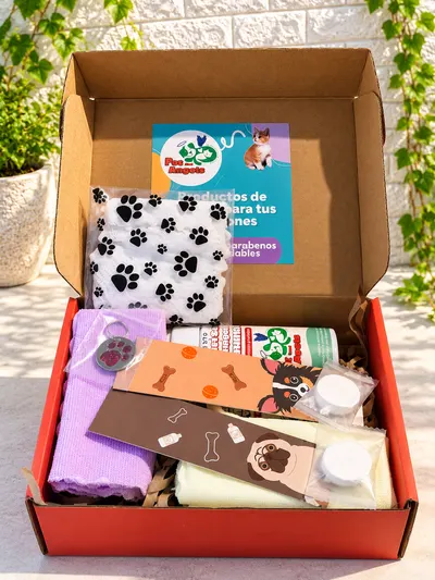 Versión para papá del pack para perros: caja roja con los envases, toallas de microfibra, toallas comprimidas, guantes en una bolsa con huellas, una chapita con una huella y dos separadores de libro con perritos
