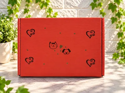 Caja de regalo roja cerrada, con dibujos de un gatito, un perrito y corazones con huellas, sobre un muro blanco con enredaderas