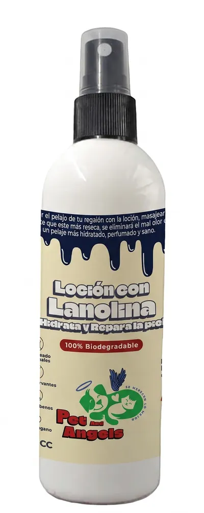 Envase en spray de la loción con lanolina para perros, de etiqueta crema